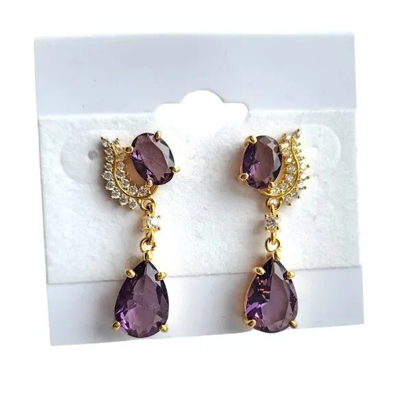 Amethyst Earrings Post Back 925 Sterling Silver Gold Vermeil Dangle New Romantic - Picture 1 of 9